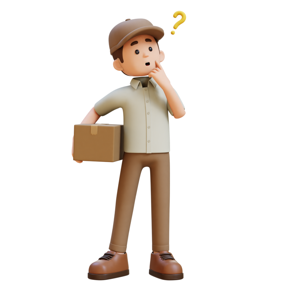 3D Delivery Man Character Confused and Thinking Pose with Parcel Box png