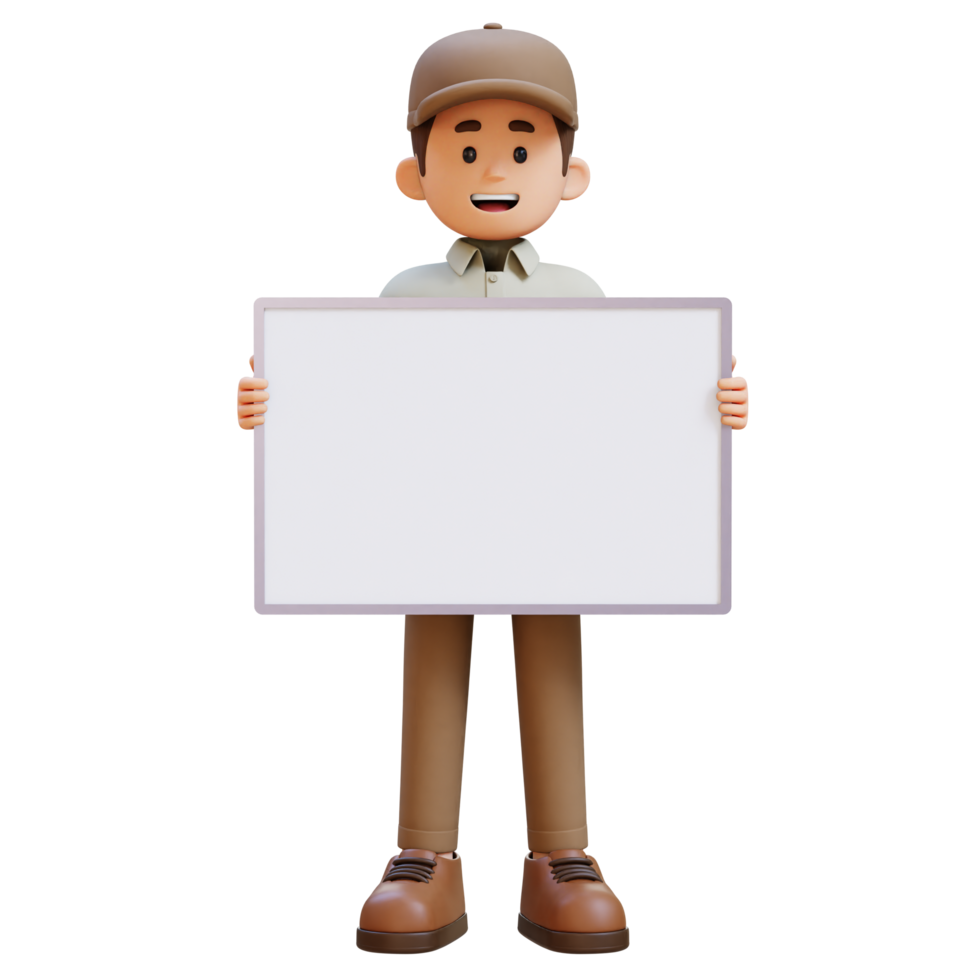 3D Delivery Man Character Holding Empty Placard png