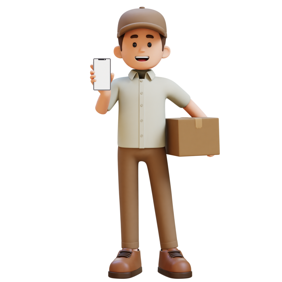 3D Delivery Man Character presenting Empty Phone Screen and Carrying Parcel Box png