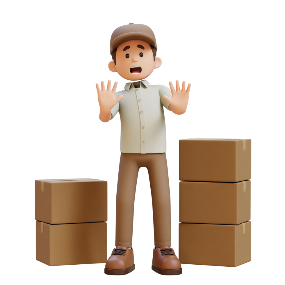 3D Delivery Man Character Fear and Denial Poses with Parcel Box png