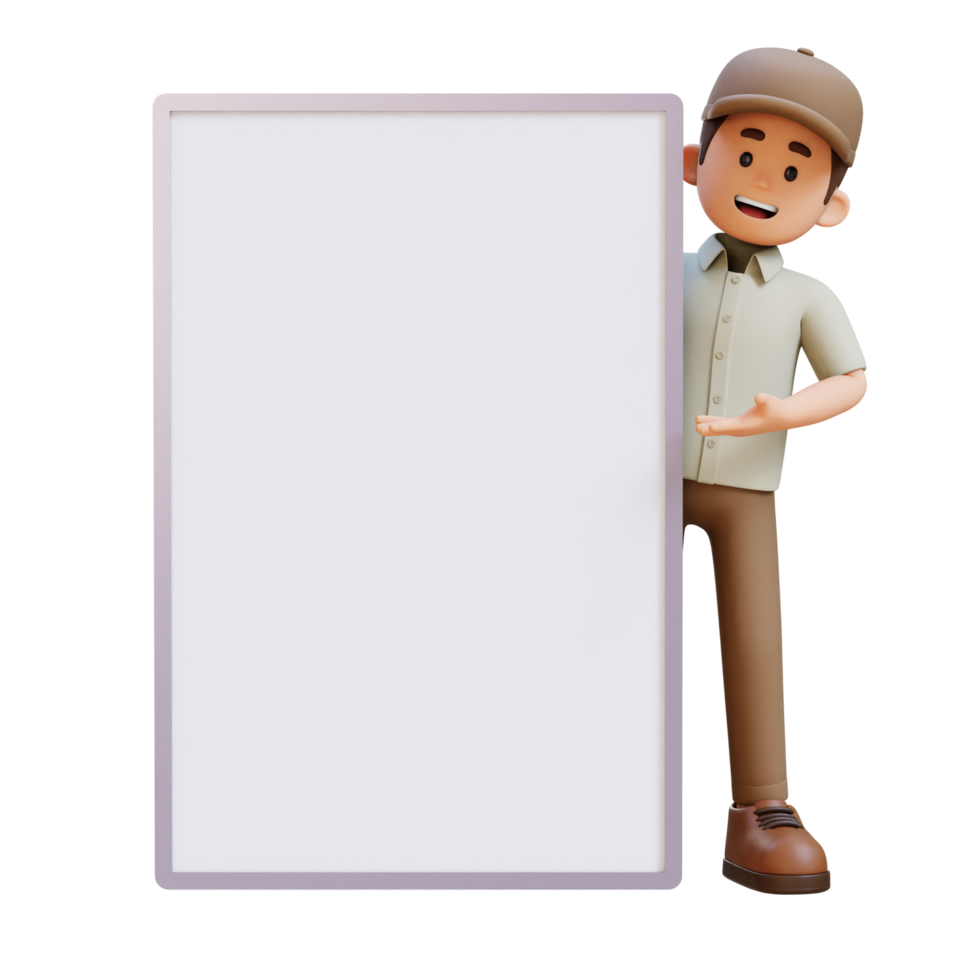 3D Delivery Man Character Presenting on Blank Placard png