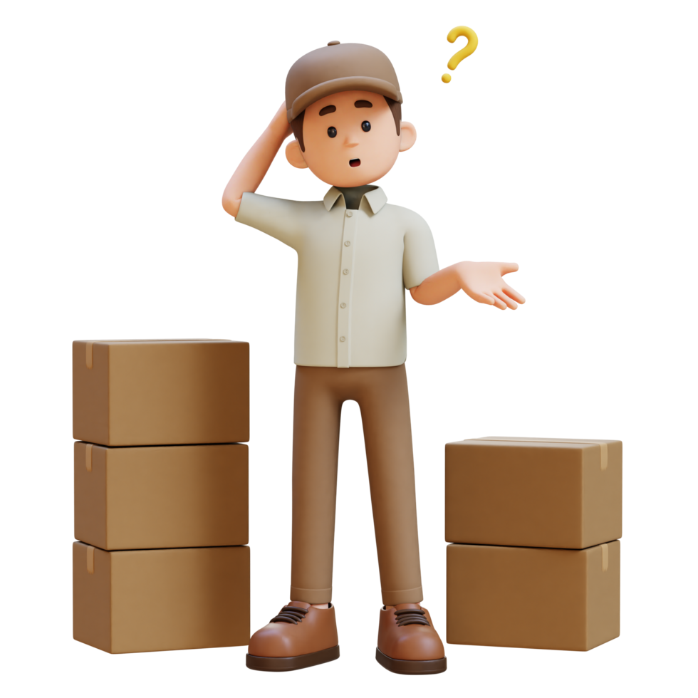 3D Delivery Man Character Confused and Thinking Pose with Parcel Box png