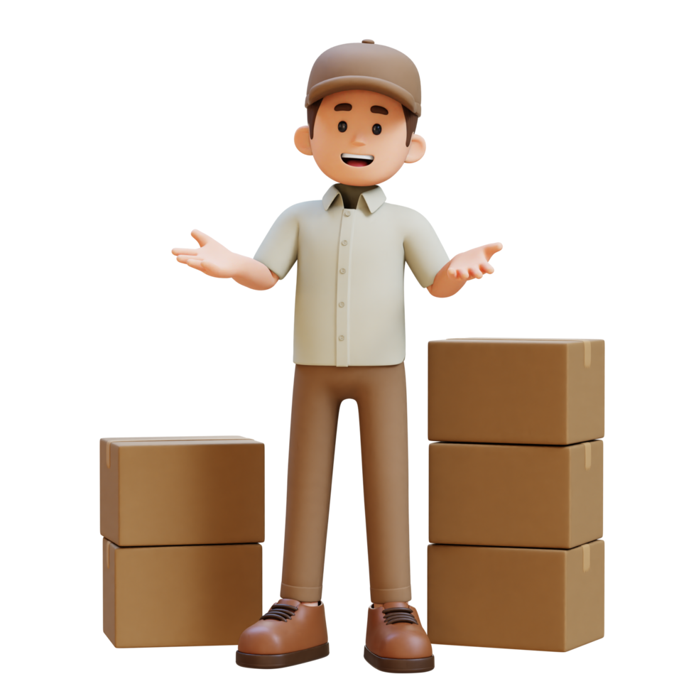 3D Delivery Man Character Communication Pose with Parcel Box png