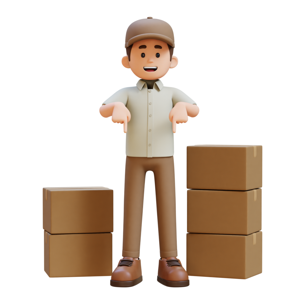 3D Delivery Man Character Pointing Downward with Parcel Box png
