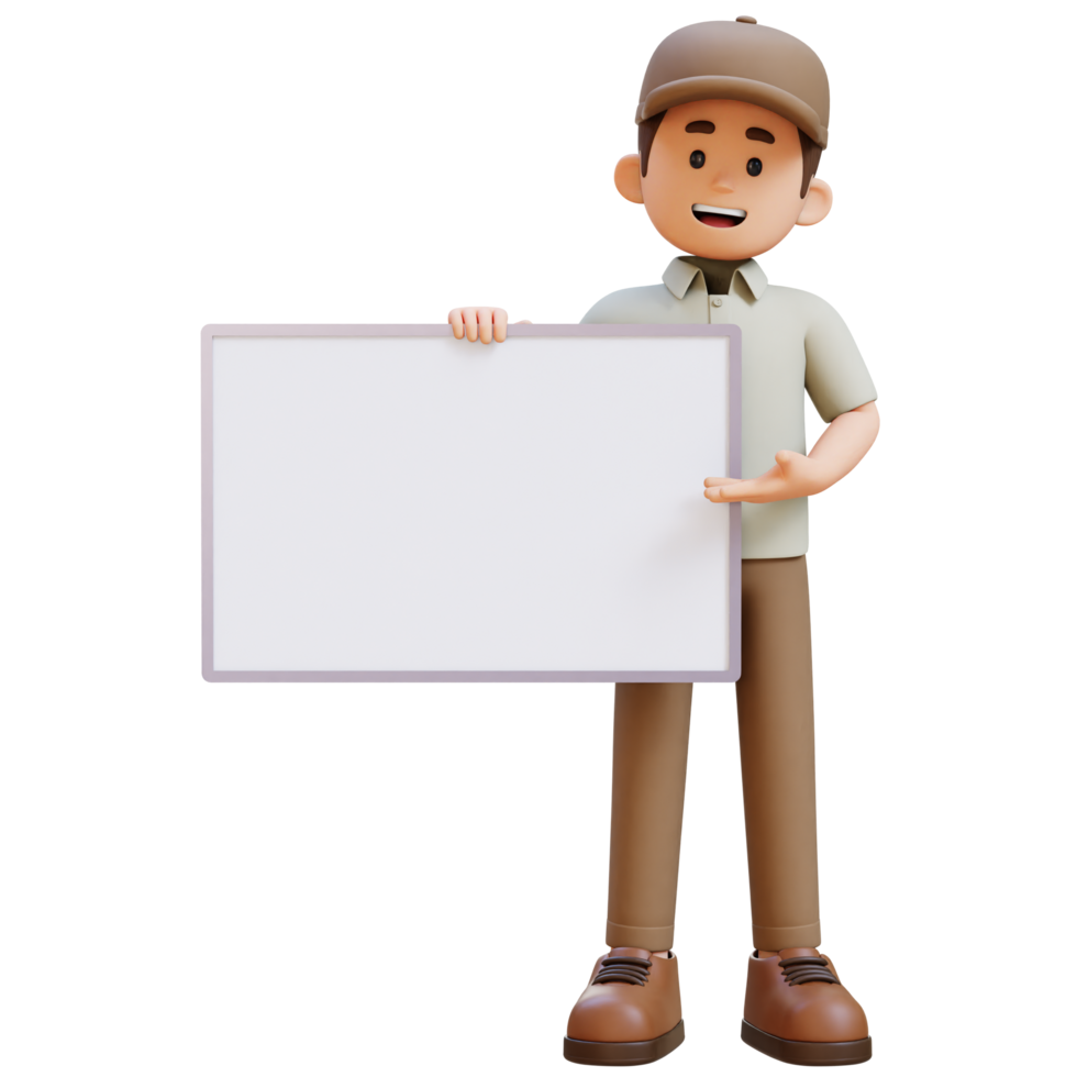 3D Delivery Man Character Presenting on Blank Placard png