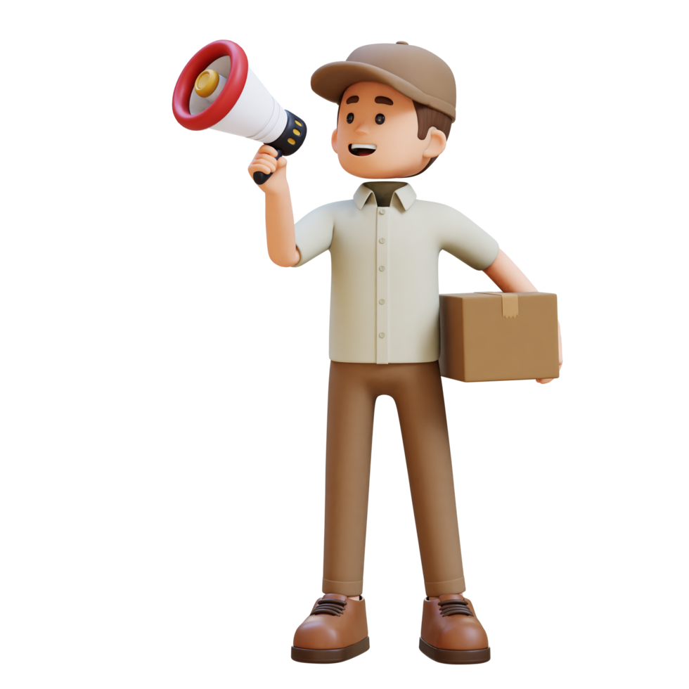 3D Delivery Man Character Holding Megaphone with Parcel Box png