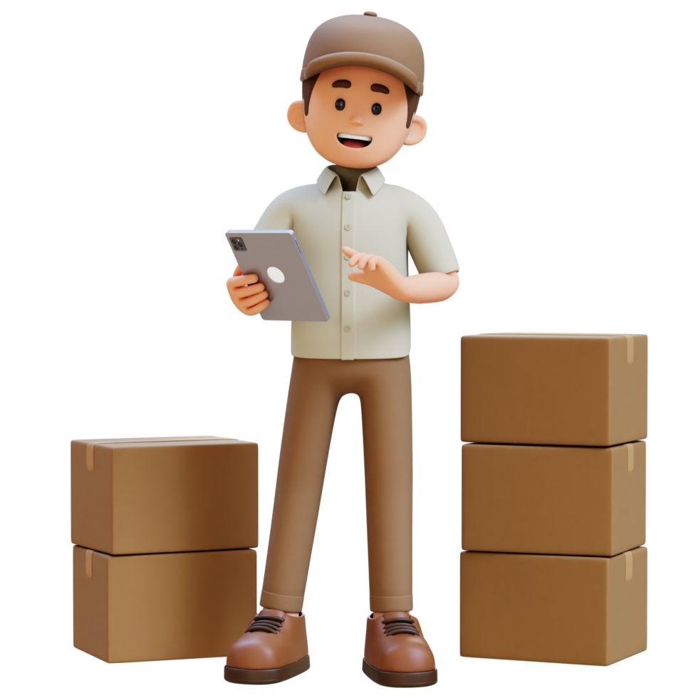 3D Delivery Man Character working on Tablet with Parcel Box png