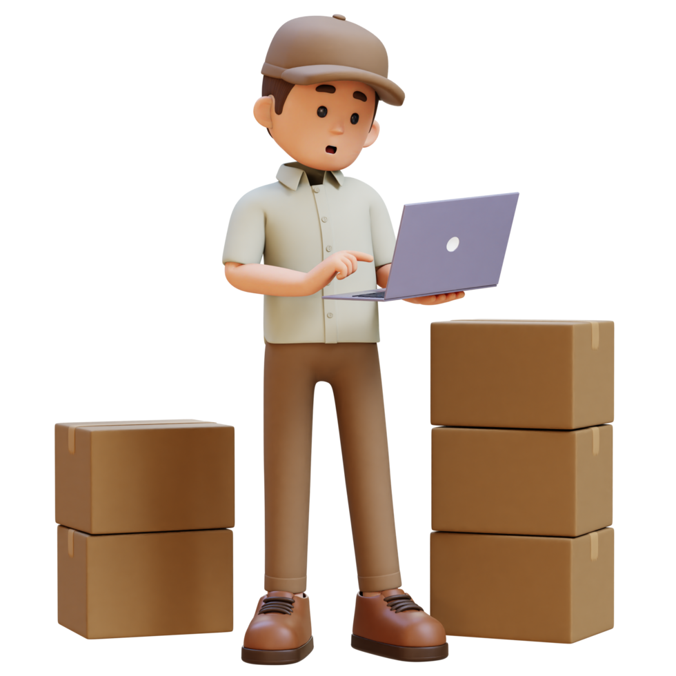 3D Delivery Man Character Working on Laptop with Parcel Box png