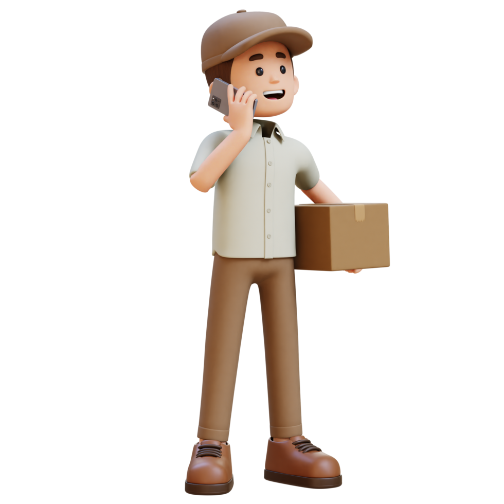 3D Delivery Man Character in a Phone Call with Parcel Box png