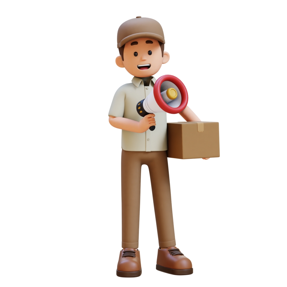 3D Delivery Man Character Holding Megaphone with Parcel Box png