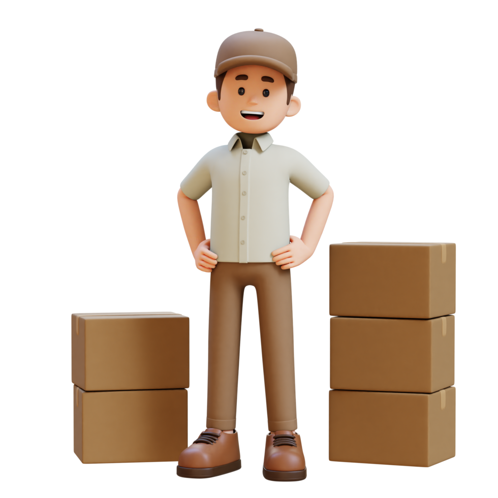 3D Delivery Man Character Standing with Hand on Hip with Parcel Box png