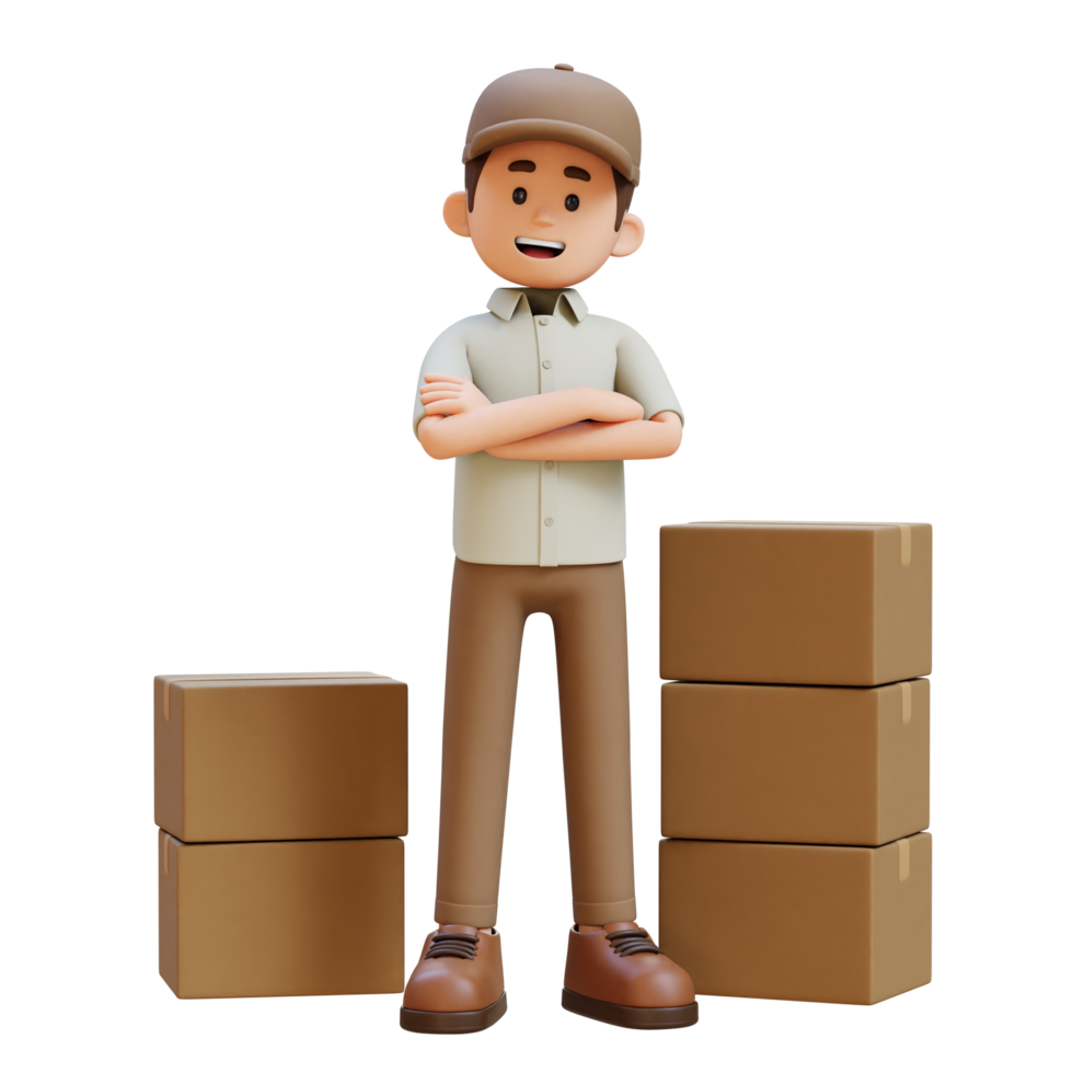 3D Delivery Man Character Crossed Arms Pose with Parcel Box png