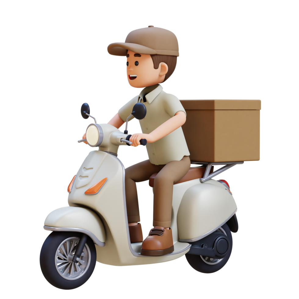 3D Delivery Man Character Deivering Package with a Scooter png