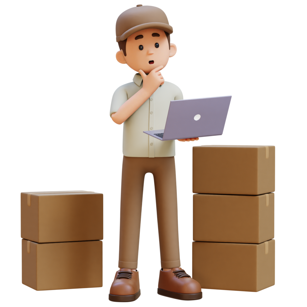 3D Delivery Man Character Thinking While Working on a Laptop with Parcel Box png