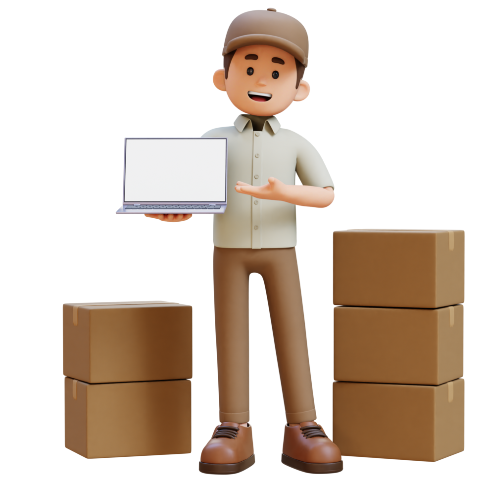 3D Delivery Man Character Presenting on Empty Laptop Screen with Parcel Box png