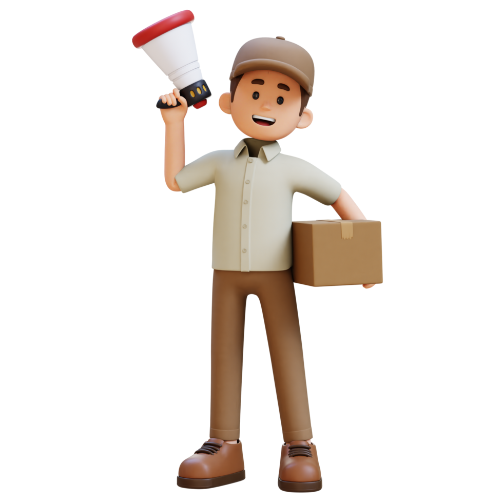 3D Delivery Man Character Holding Megaphone with Parcel Box png