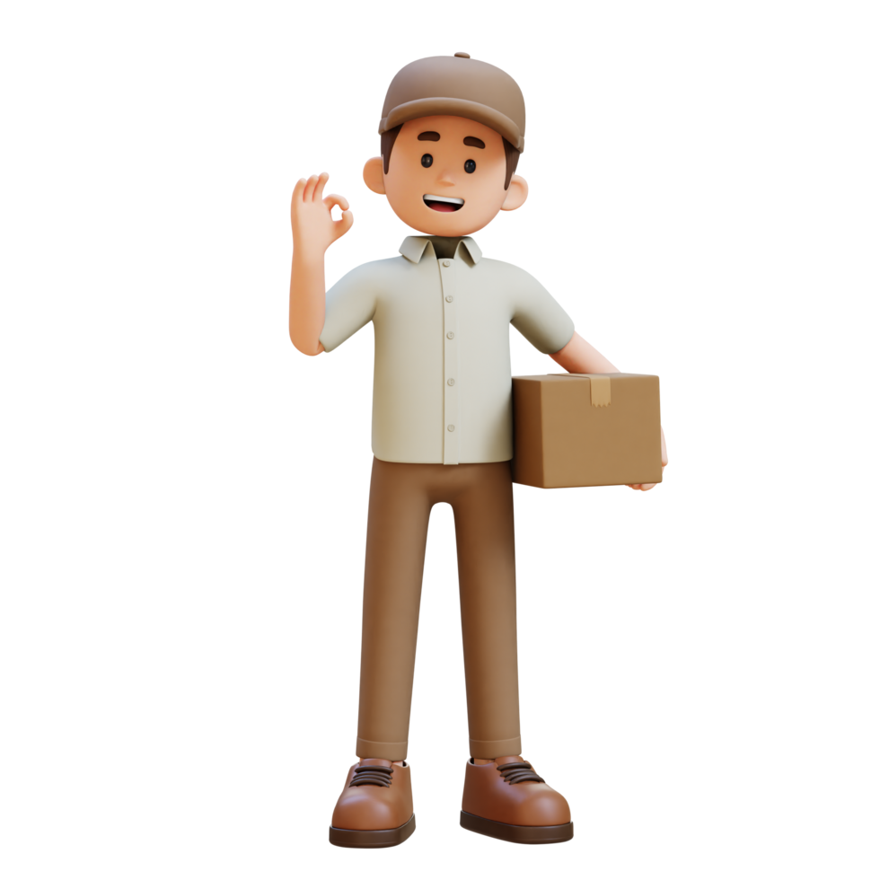 3D Delivery Man Character with OK Sign Hand Pose with Parcel Box png