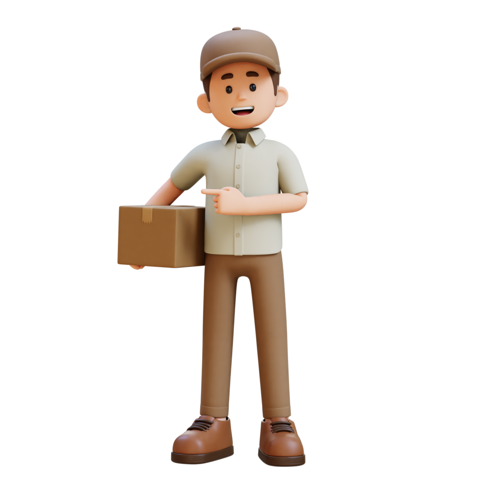3D Delivery Man Character Pointing to the Right Pose with Parcel Box png