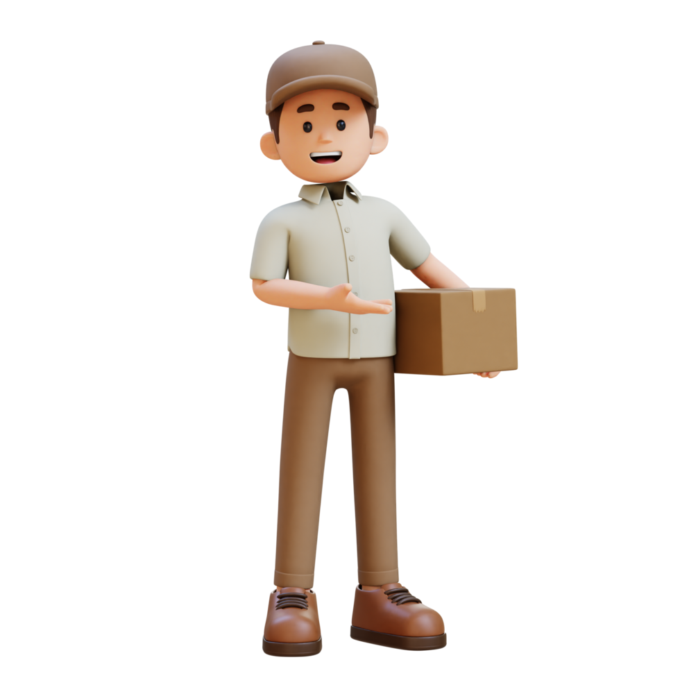3D Delivery Man Character Presenting to the Left Pose with Parcel Box png
