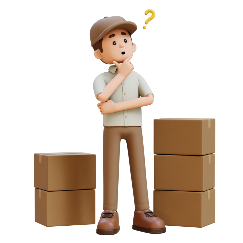 3D Delivery Man Character Confused and Thinking Pose with Parcel Box png