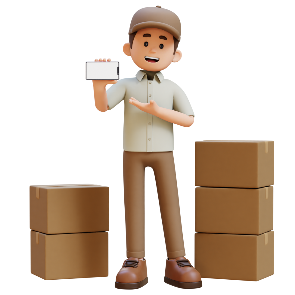 3D Delivery Man Character Presenting on Empty Phone Screen with Parcel Box png