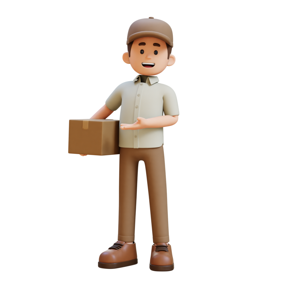 3D Delivery Man Character Presenting to the Right Pose with Parcel Box png