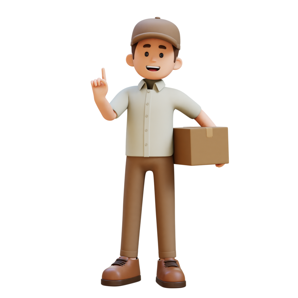 3D Delivery Man Character Explaining Pose with Parcel Box png