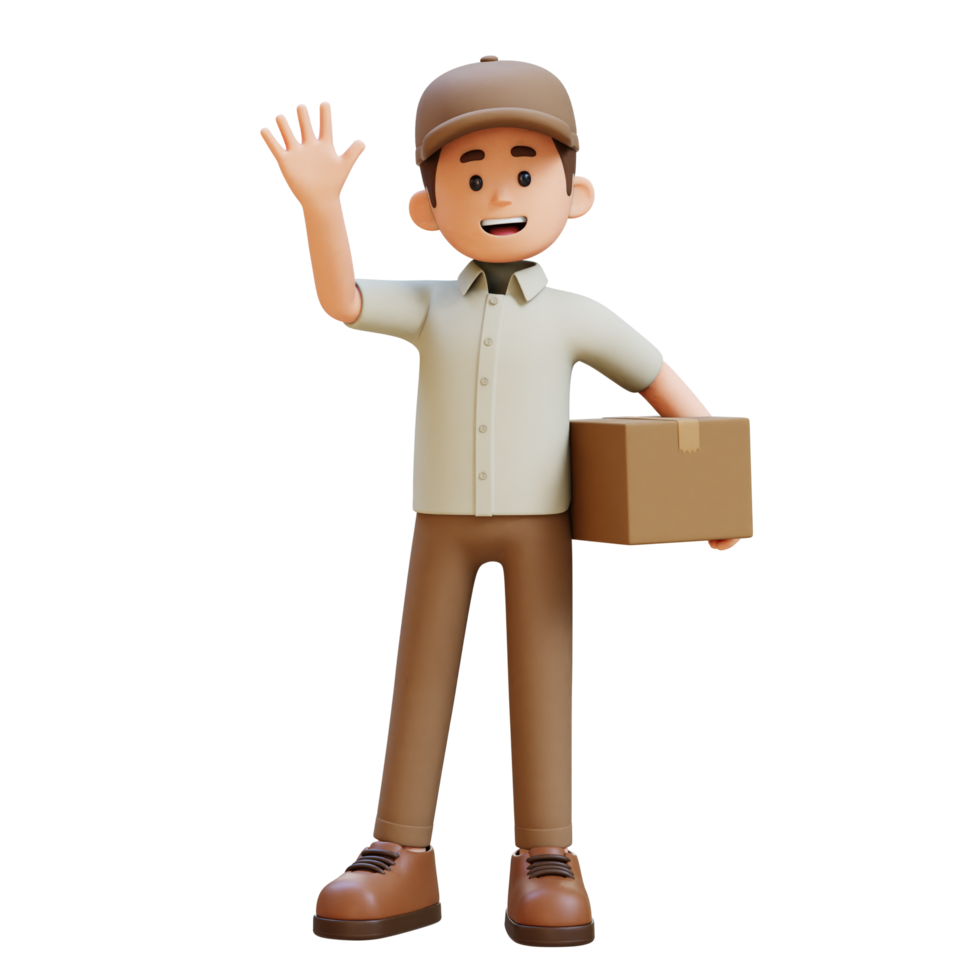 3D Delivery Man Character Waving Hand Pose with Parcel Box png