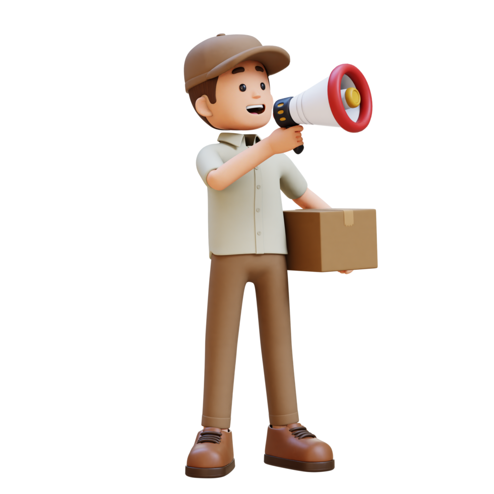 3D Delivery Man Character shouting with Megaphone with Parcel Box png