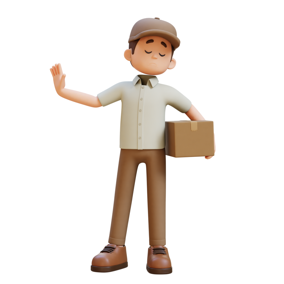 3D Delivery Man Character in Stop Refusal Pose with Parcel Box png