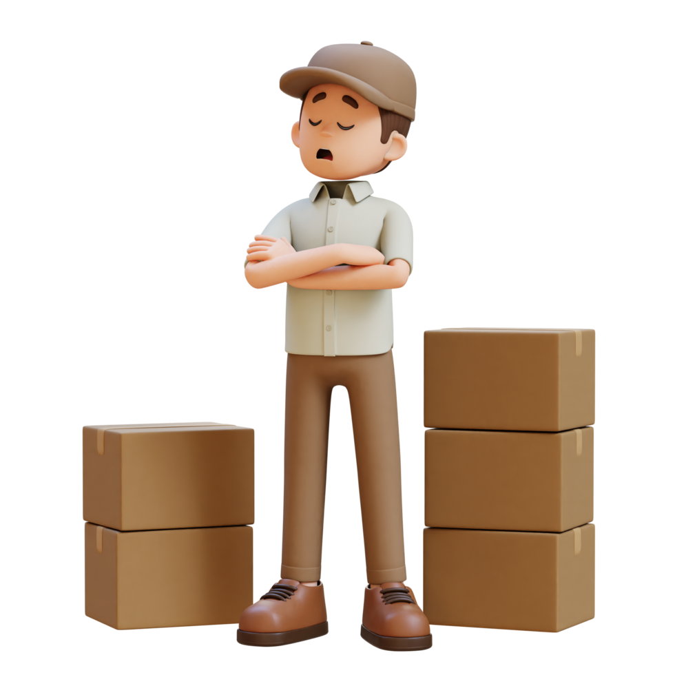 3D Delivery Man Character in Denial or Dissatisfaction Pose with Parcel Box png
