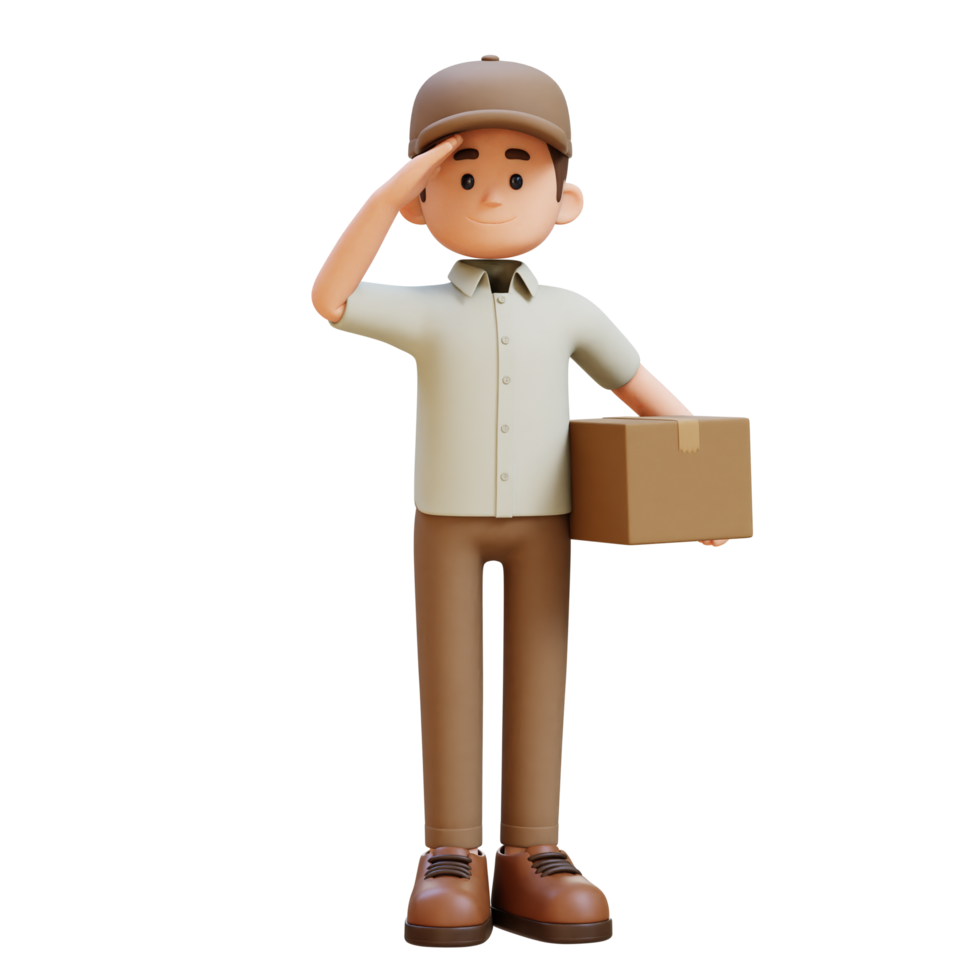 3D Delivery Man Character Salute Pose with Parcel Box png