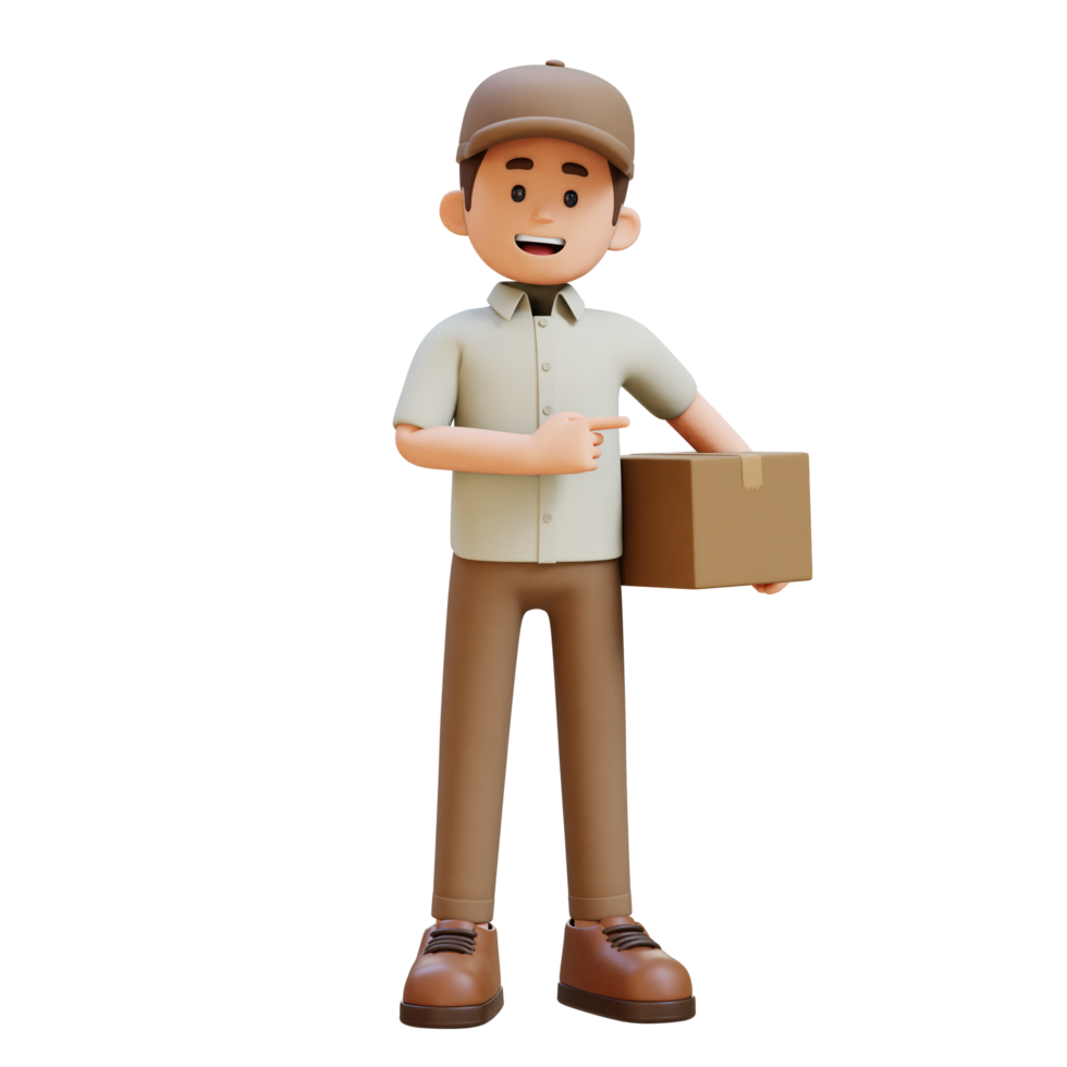 3D Delivery Man Character Pointing to the Left Pose with Parcel Box png