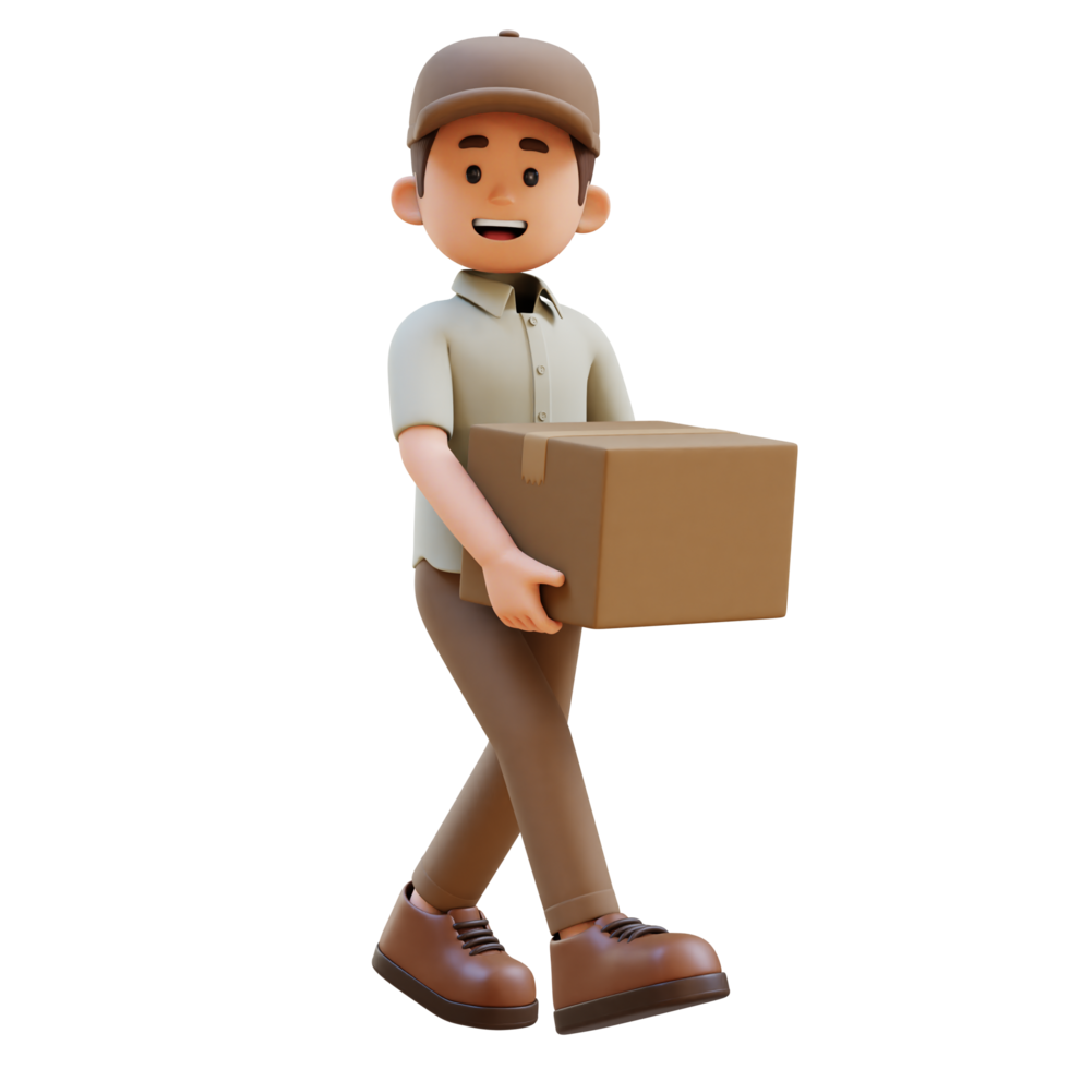 3D Delivery Man Character Walking and Carrying Parcel Box png