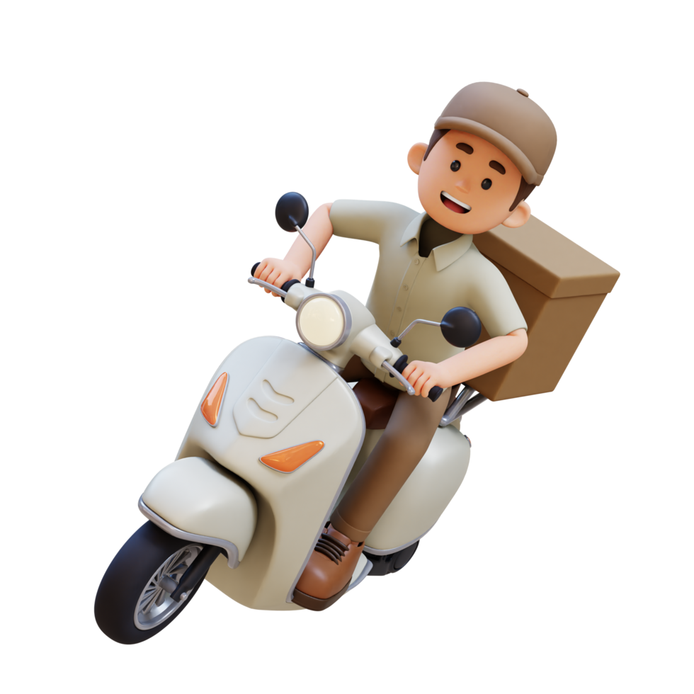 3D Delivery Man Character Deivering Package with a Scooter png