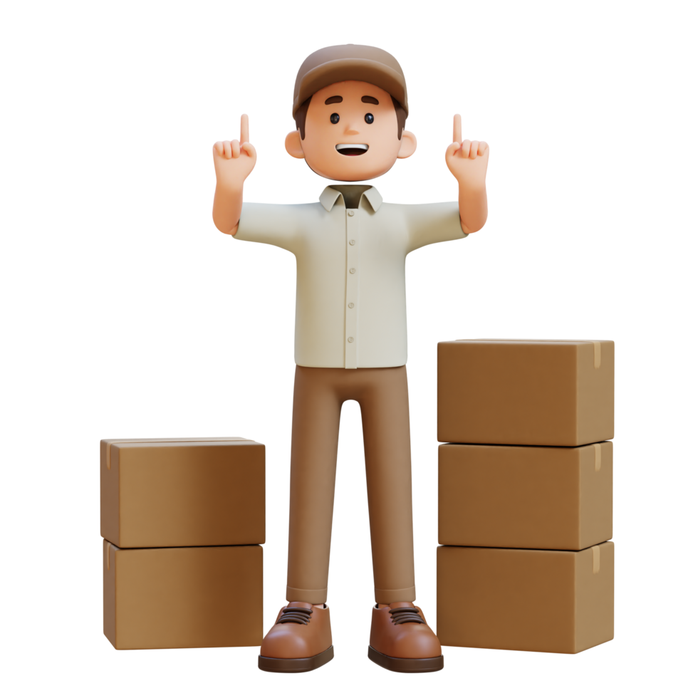 3D Delivery Man Character Pointing Upward with Parcel Box png