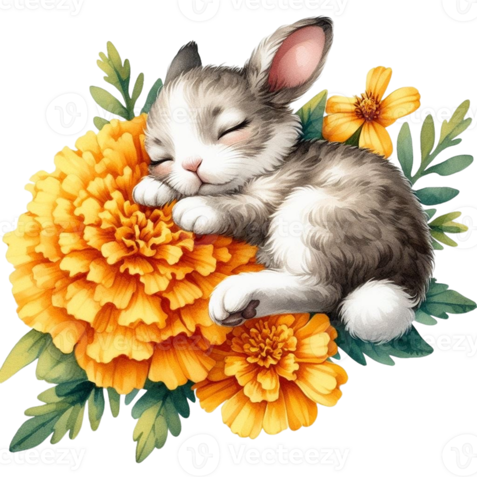 AI generated Cute rabbit sleeping on a flower png