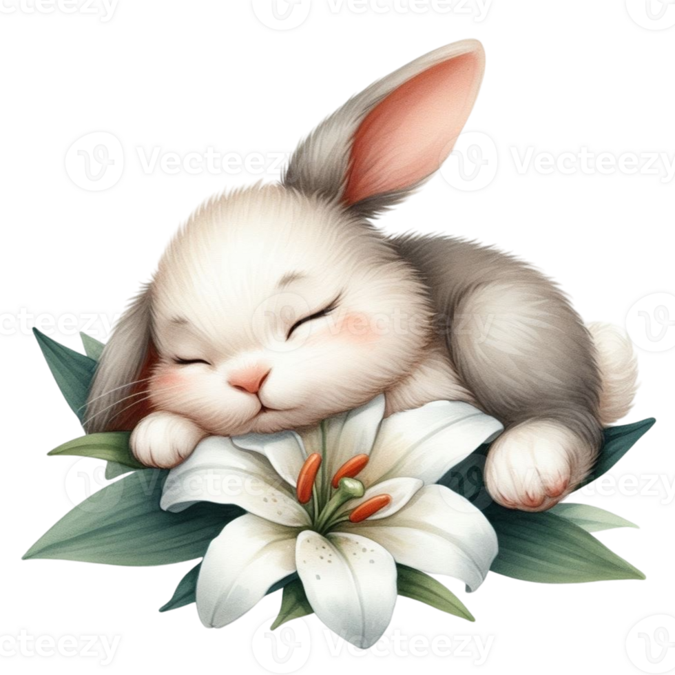 AI generated Cute rabbit sleeping on a flower png