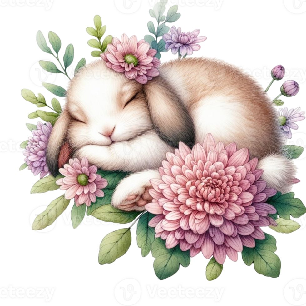 AI generated Cute rabbit sleeping on a flower png