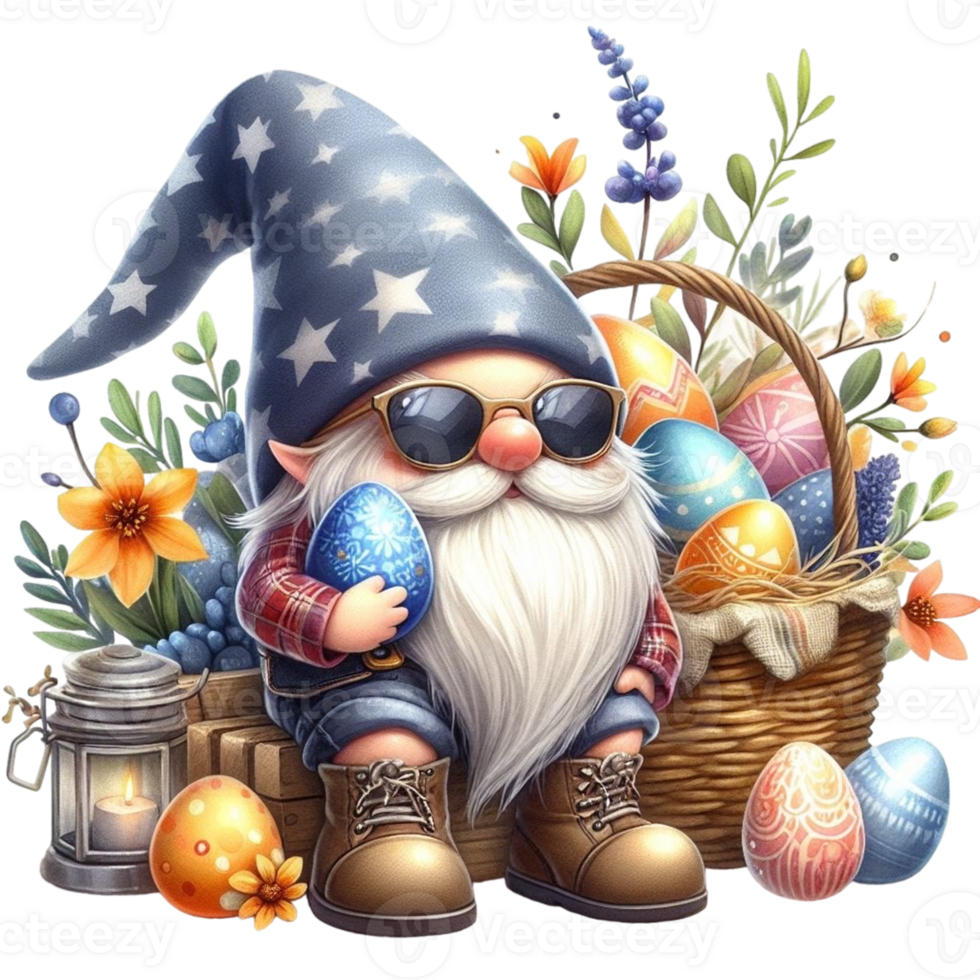 AI generated easter gnome with basket and eggs png