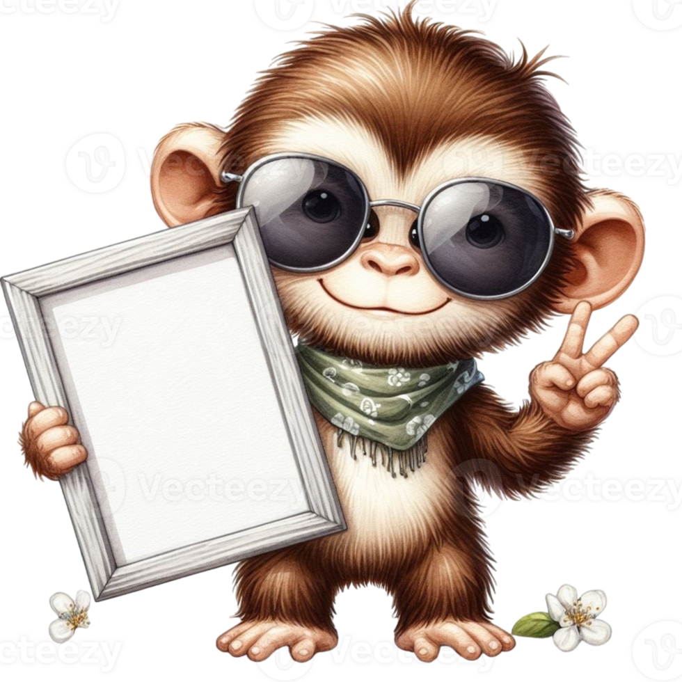 AI generated monkey holding a blank frame with sunglasses png