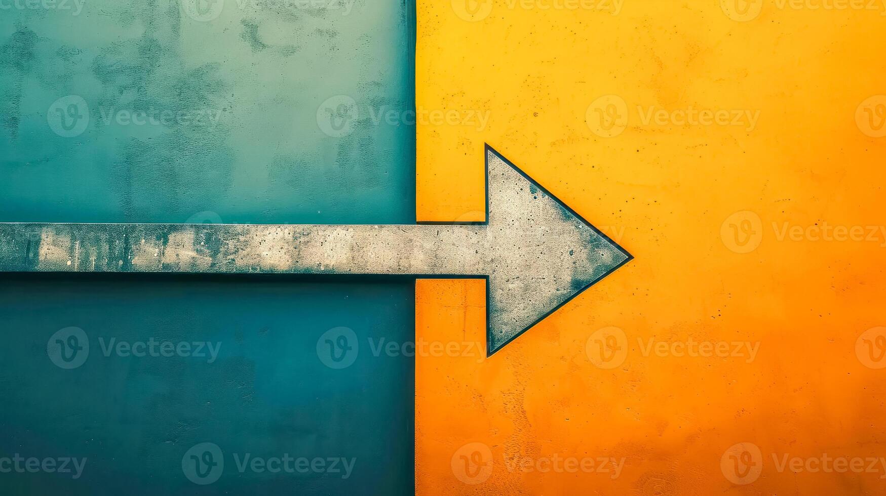 AI Generated bold, metallic arrow pointing right, set against a two-toned background with teal on the left and orange on the right, symbolizing direction, decision-making, and contrast. photo