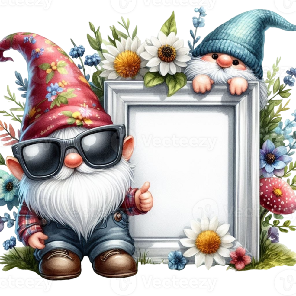 AI generated gnome with sunglasses holding a frame png