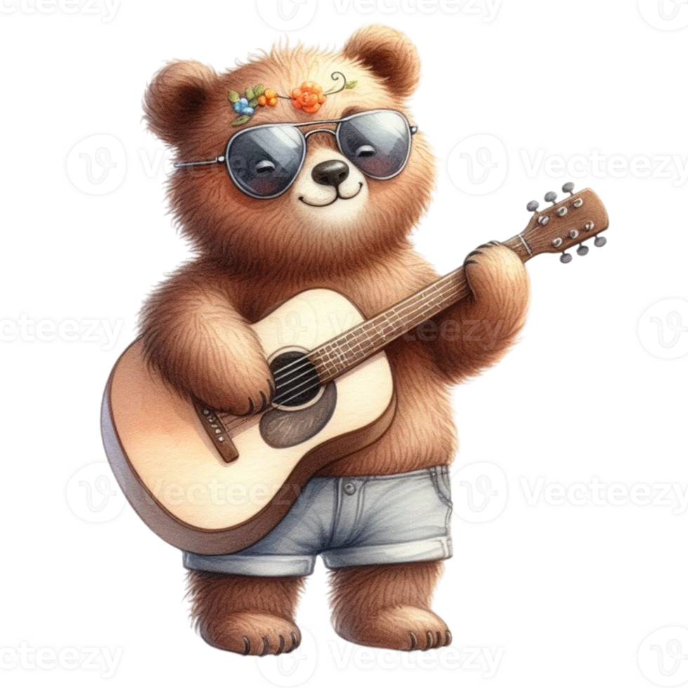 AI generated Cute bear playing guitar png