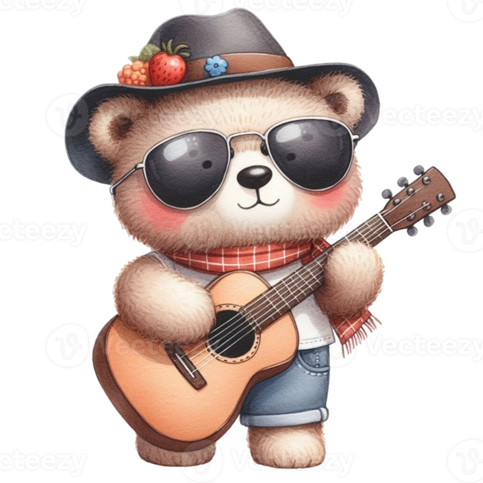 AI generated Cute bear playing guitar png