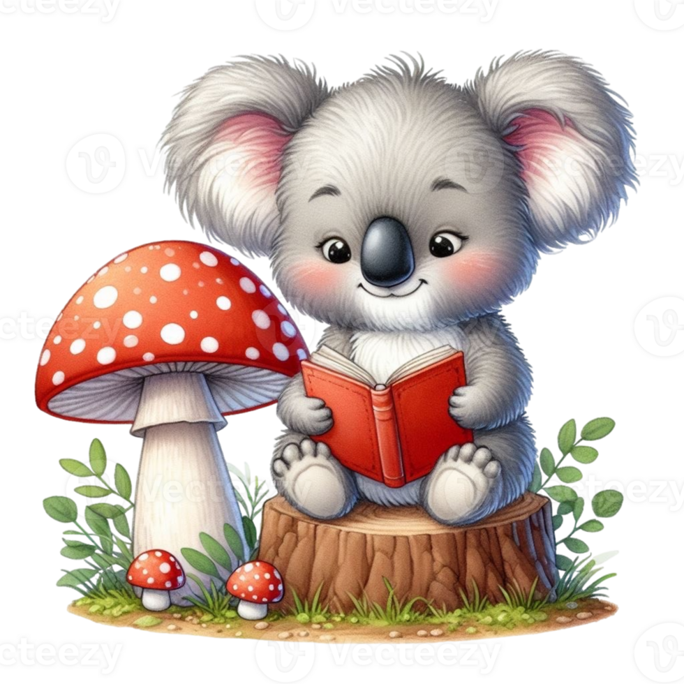 AI generated koala bear reading a book png