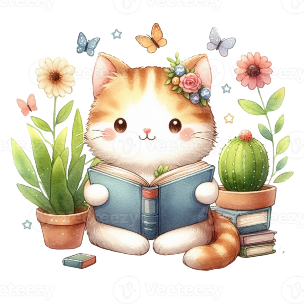 AI generated cat reading a book png