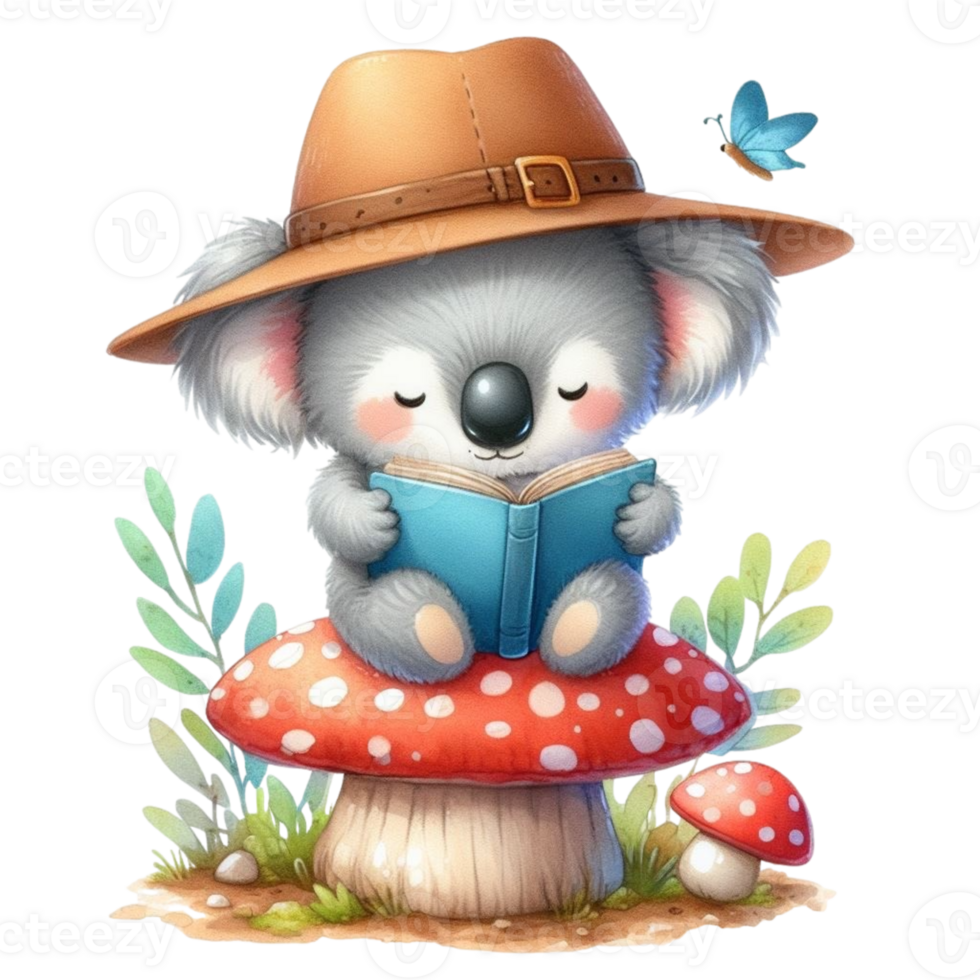 AI generated koala bear reading a book png