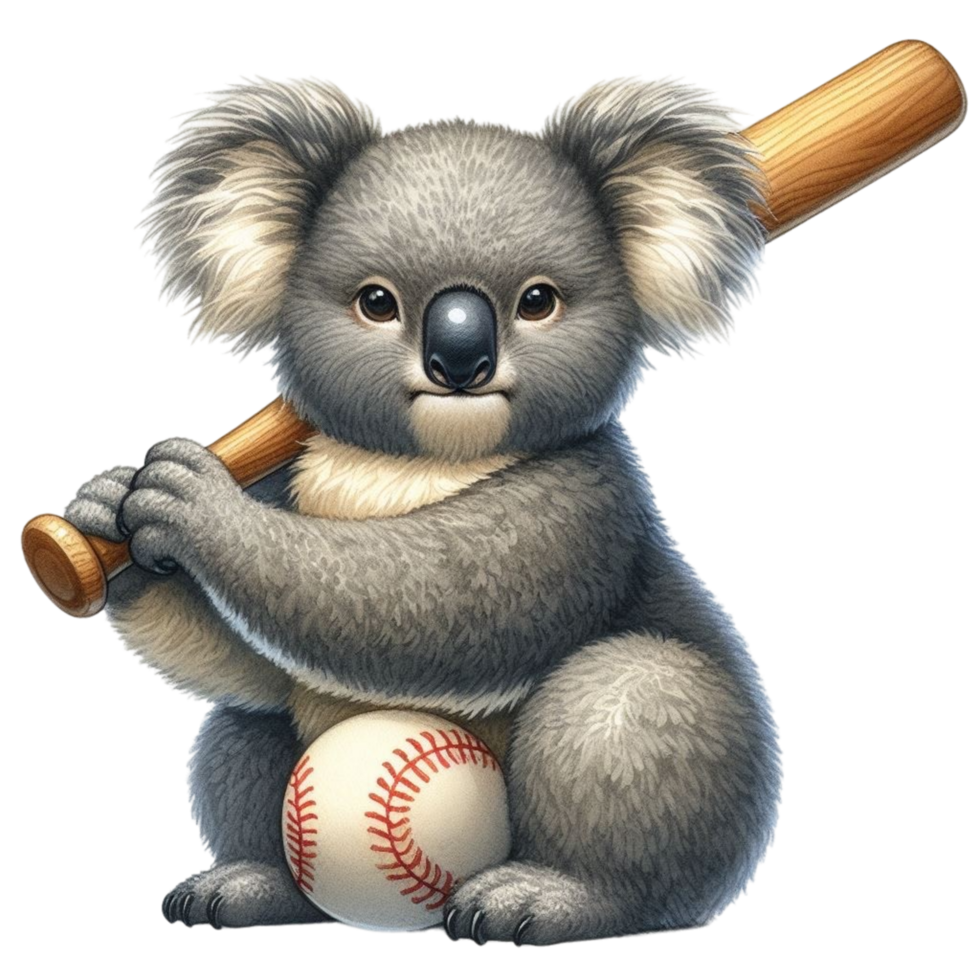 ai generato un' cartone animato koala orso Tenere un' baseball pipistrello png