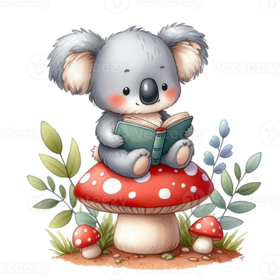 AI generated koala bear reading a book png